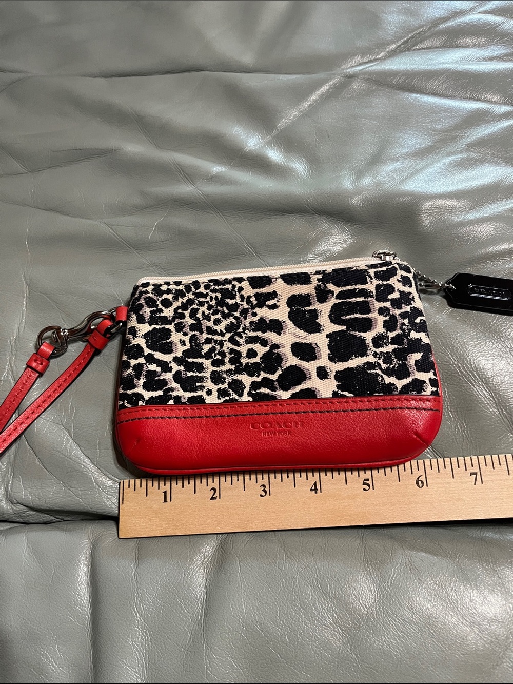 Coach Animal Print Red Leather Zip Coin Wristlet